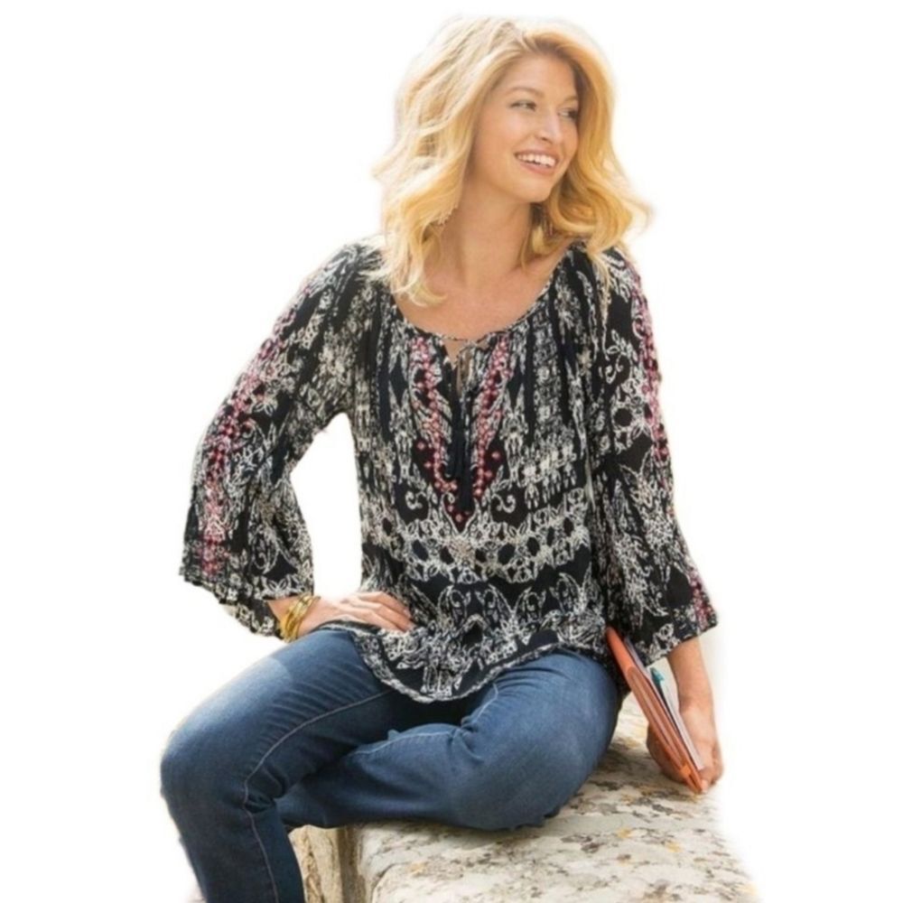 💛Soft Surroundings Black Grace Embroidered Boho Tunic Top Large